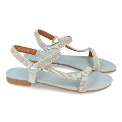 Sandalia Plana con Strass y Velcro