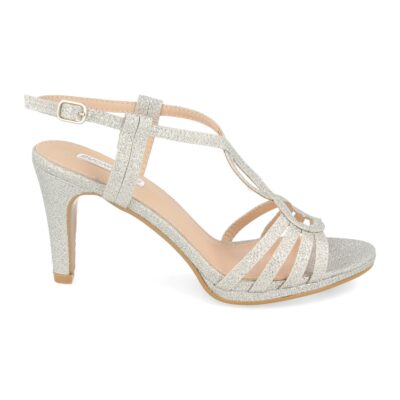 Sandalia T-Strap con Tacón fino, Brillantes y Hebilla