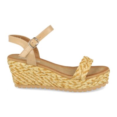 Sandalia Mujer Ankle Strap con Cuña de Rafia y Hebilla