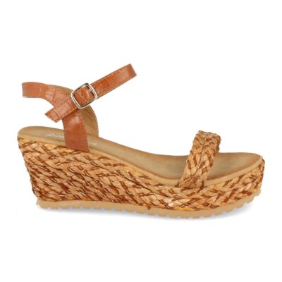 Sandalia Mujer Ankle Strap con Cuña de Rafia y Hebilla