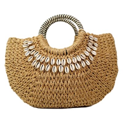 Bolso de Mano con Rafia y Conchas Marineras